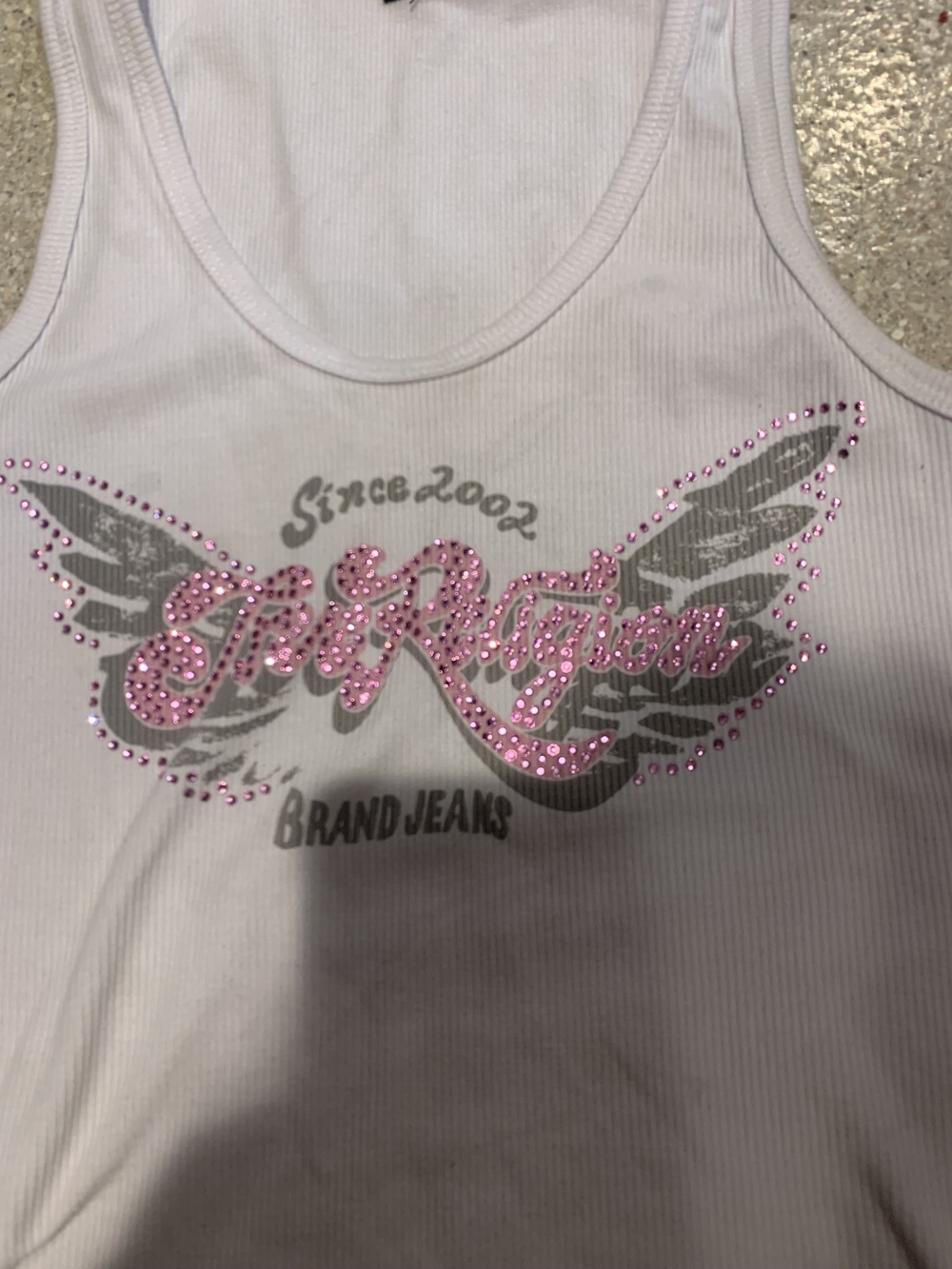 #650 "True Religion" White Ribbed Tank with Pink Bling and Gray Wing Logo - Picture 2 of 5